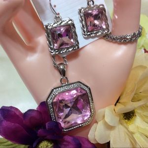 Necklace Trillion Cut Pink Crystal Topaz 18” and Princess Cut Earring Set NWOT